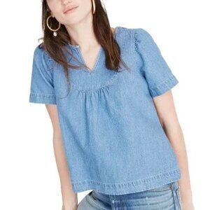 Madewell Chambray Denim Popover Swing Top XS Linen Cotton Puff Sleeves J2203